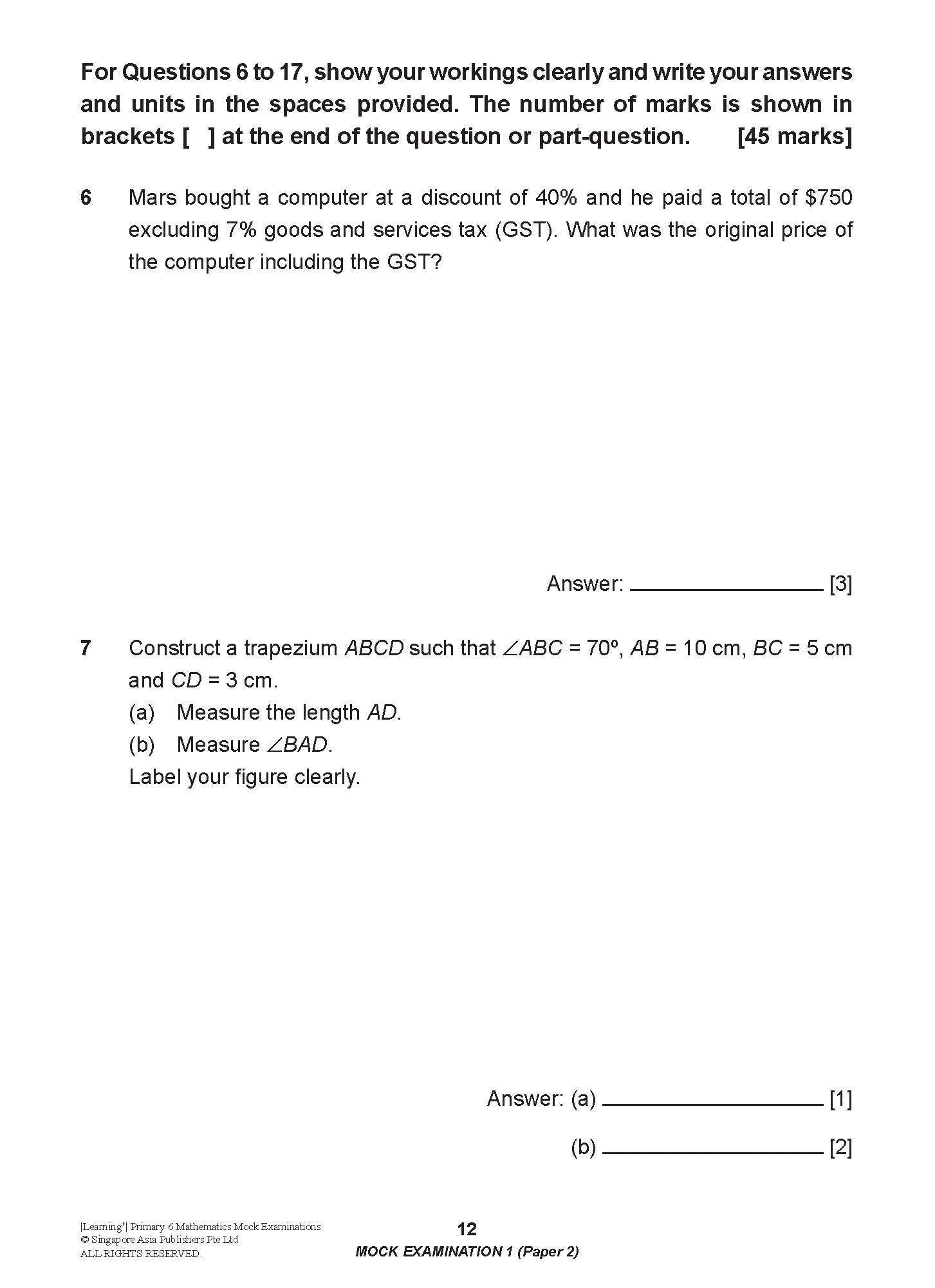 LEARNING+ Primary 6 Mathematics Mock Examinations
