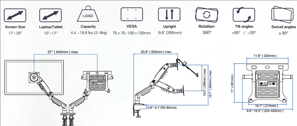 North Bayou F160-FP Monitor Arm - Grey