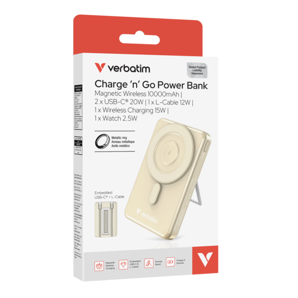 Verbatim 5-in-1 Charge ‘n’ Go 10000mAh Magnetic Wireless Power Bank - Gold