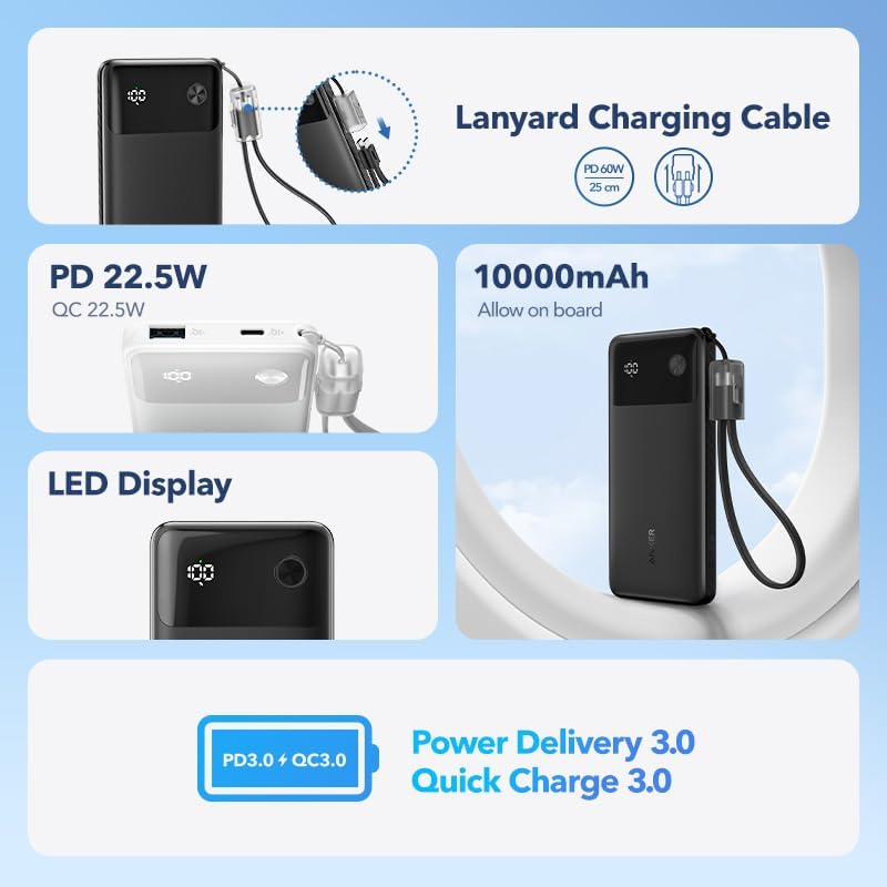 ANKER 10000mAh 22.5W 2-Output Power Bank with Cable & Display