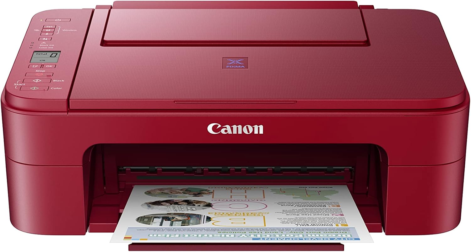 Canon PIXMA E3370 - A4 All-in-One Inkjet Color Printer. Print, Scan and Copy. Wi-Fi & Wi-Fi Direct, Apple Airprint™ and Mopria™ Print Service. Red color