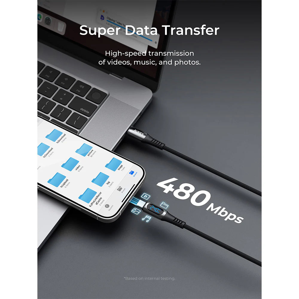 Aukey CB-DCC244 Impulse 240W 2M DTY Braided USB-C to USB-C Cable with LCD Display