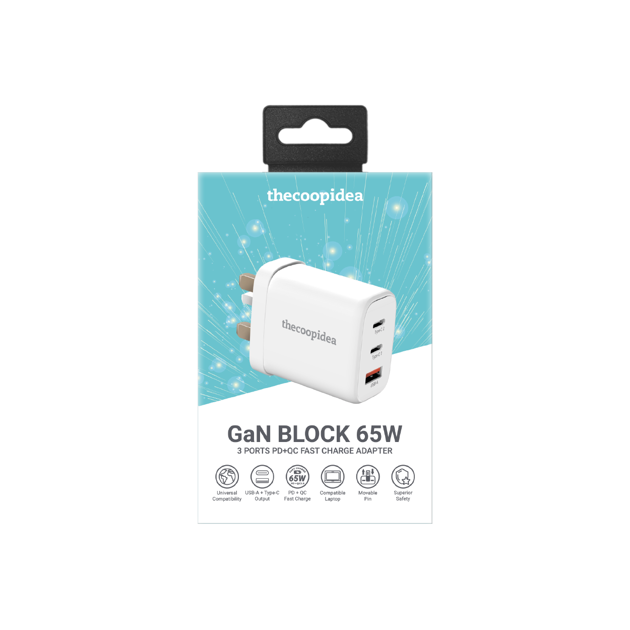 thecoopidea GaN Block 65W 3 Ports PD+QC Fast Charge Adapter - White