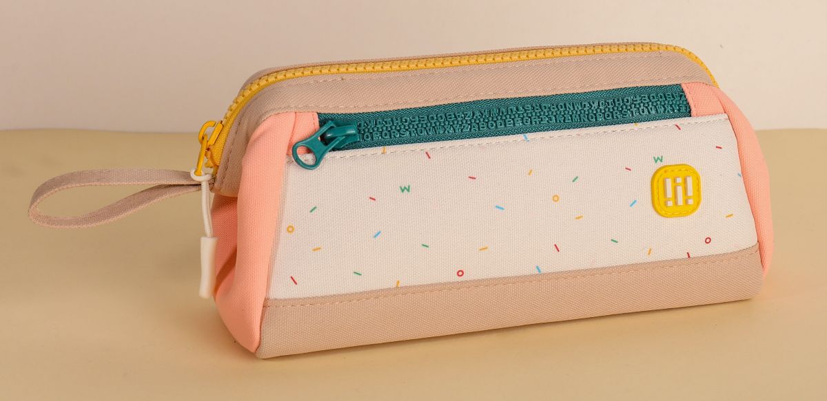 Colour Block Double Zip Pencil Case (Beige Pink)