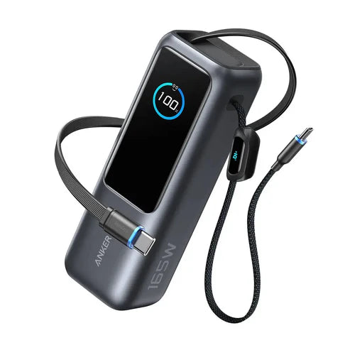 Anker Power Bank 25000mAh 165W Ultra-Fast Portable Charger with Built-In and Retractable USB C Cables (Silver)