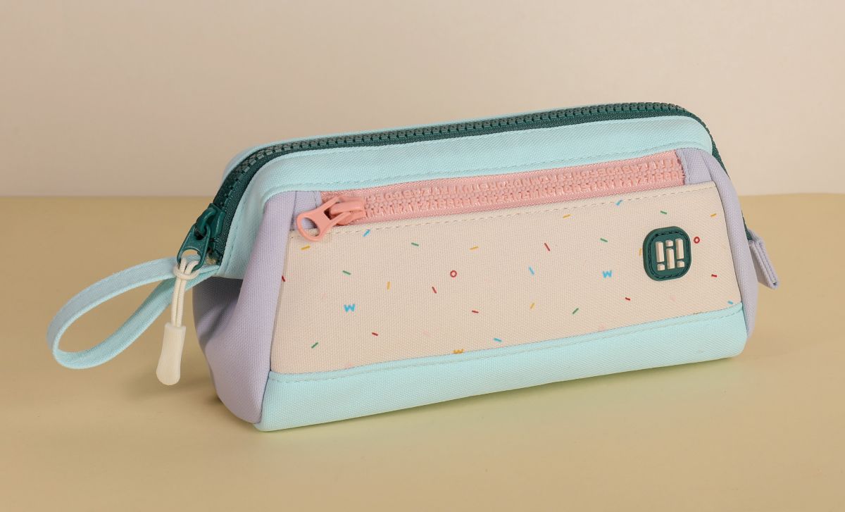 Colour Block Double Zip Pencil Case (Pastel Blue)