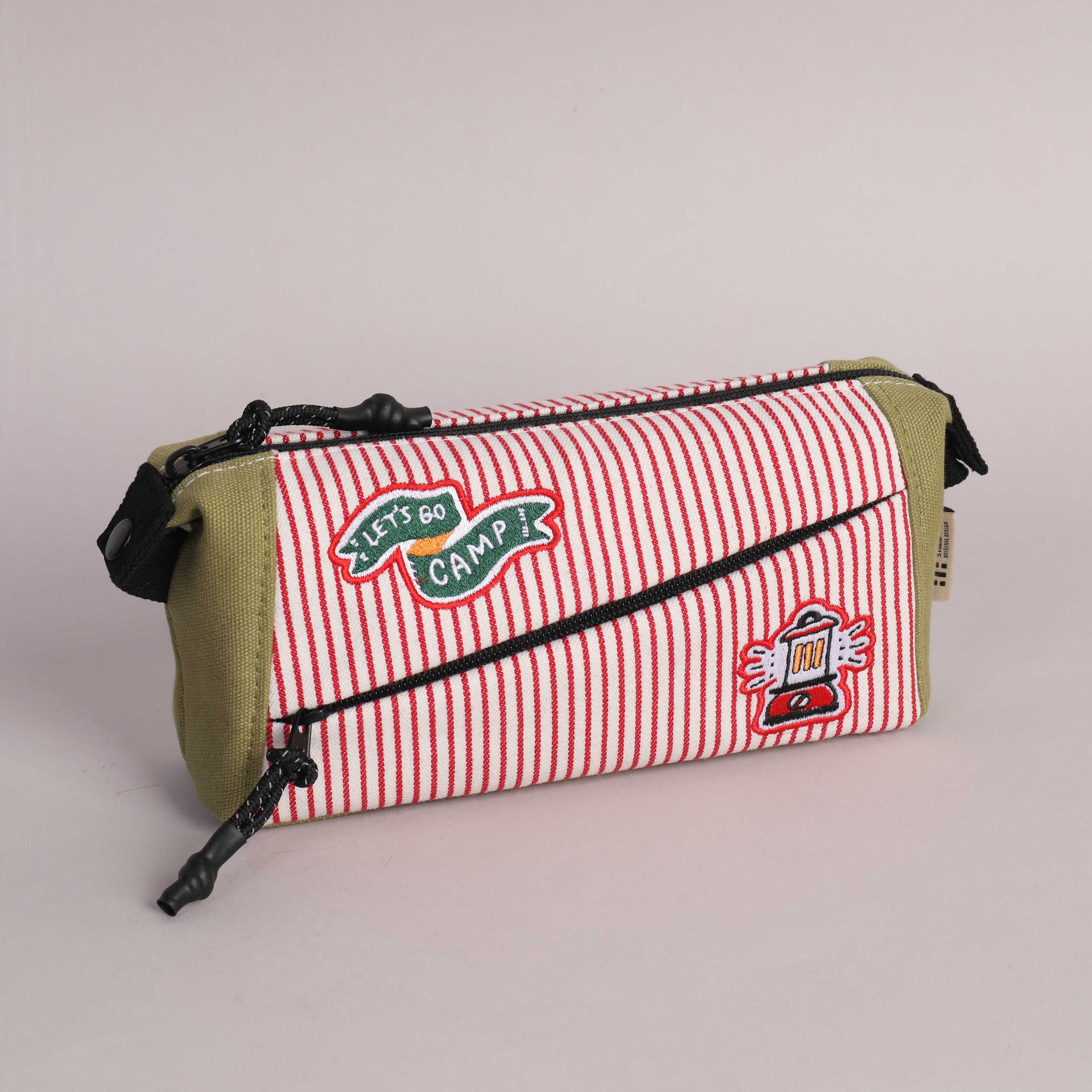 Double Zip Pencil Bag with Embroidery Patch -  Red Strip