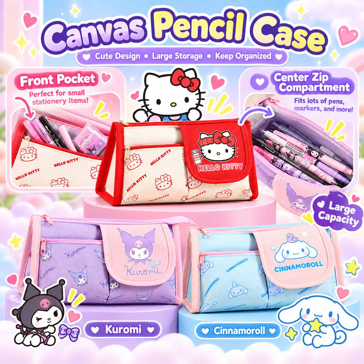 Sanrio Canvas Pencil Case - 3 Assorted Designs 