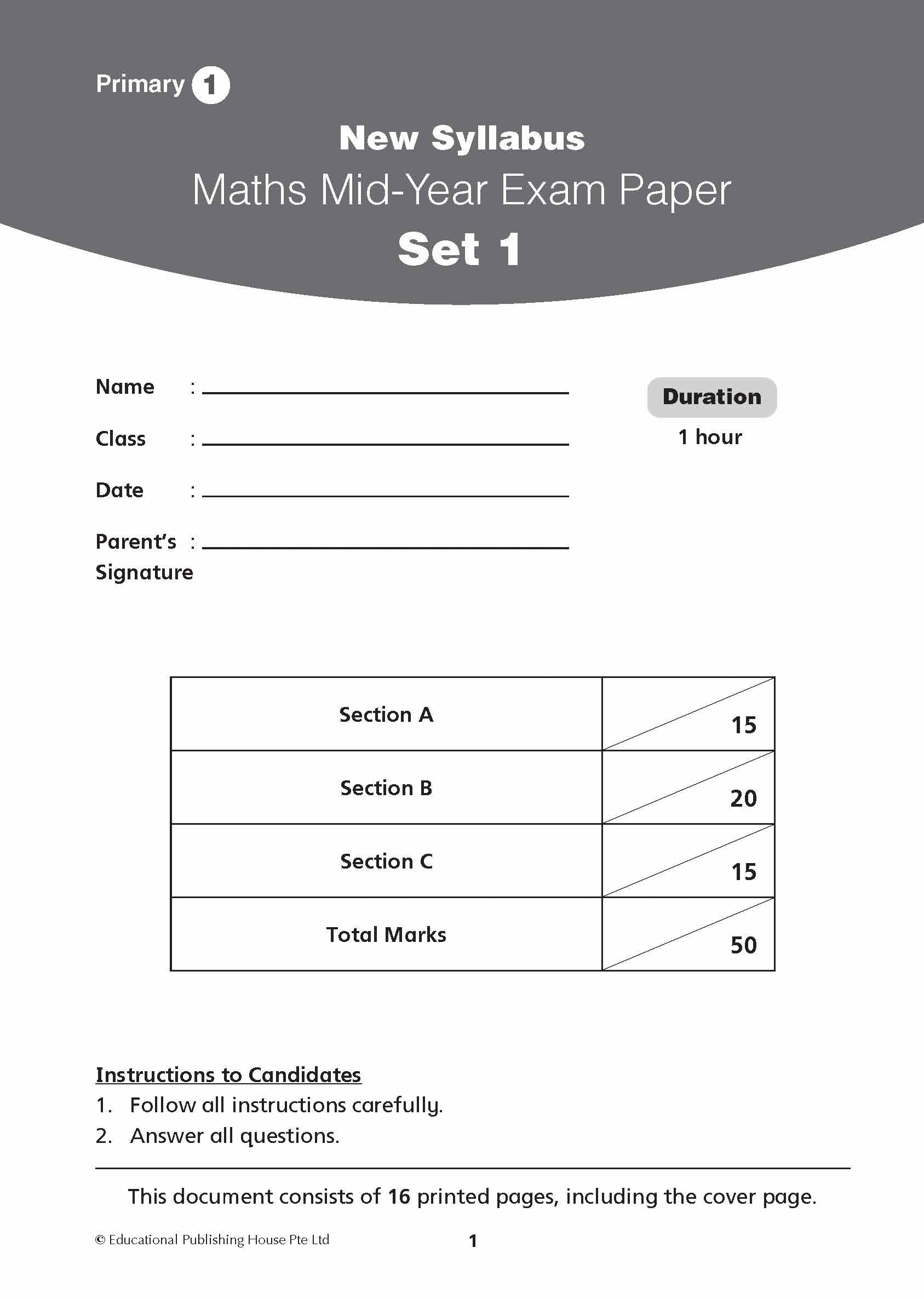 Primary 1 New Syllabus Maths Exam Papers 