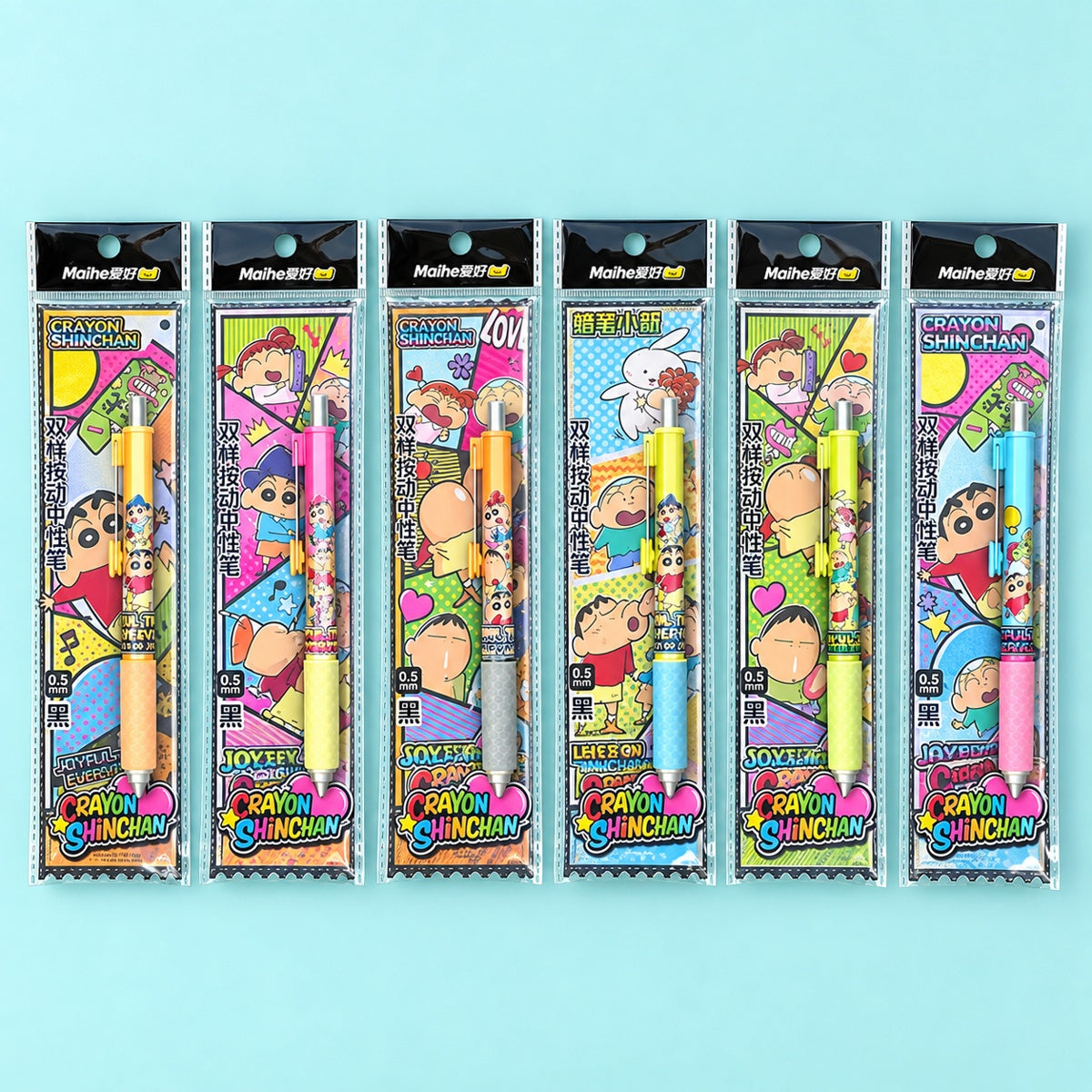  Crayon Shinchan Double Clip Retractable Gel Pen 0.5mm Black - 6 Assorted Design 