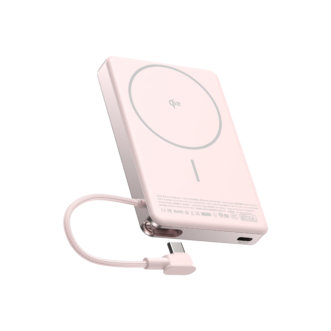 Mazer MagLink70 10,000 mAh Qi2 Certified 15W Magnetic Wireless Power Bank with Built in USB-C Cable (CCC Certified) Pink