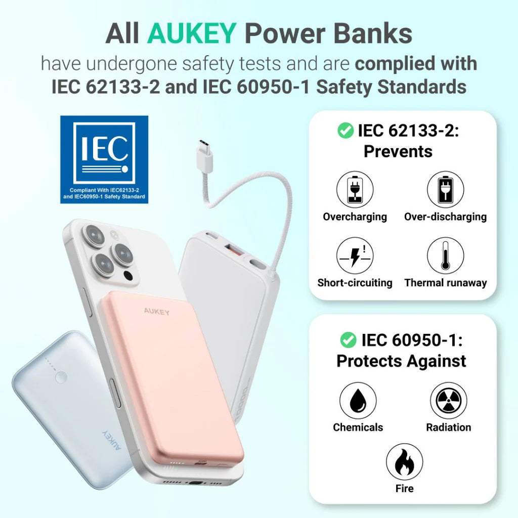 Aukey PB-Y61 Spark Sling 30W 10000mAh Mini Portable Fast Charging Power Bank w Built-in Type C Cable - Light Purple