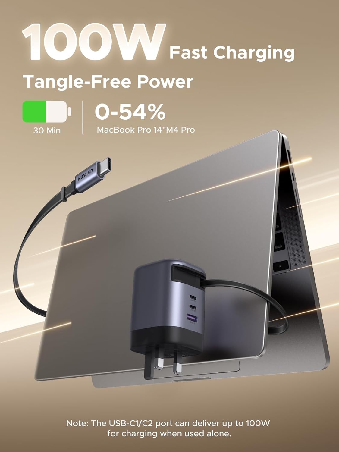 UGREEN Nexode Pro 100W GaN Charger with Retractable USB-C Cable (2C1A)