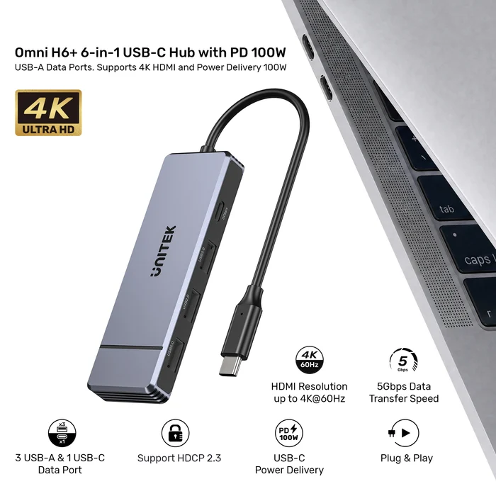 Unitek H1341AGY01 Omni H6+ 6-in-1 USB-C Hub with PD 100W