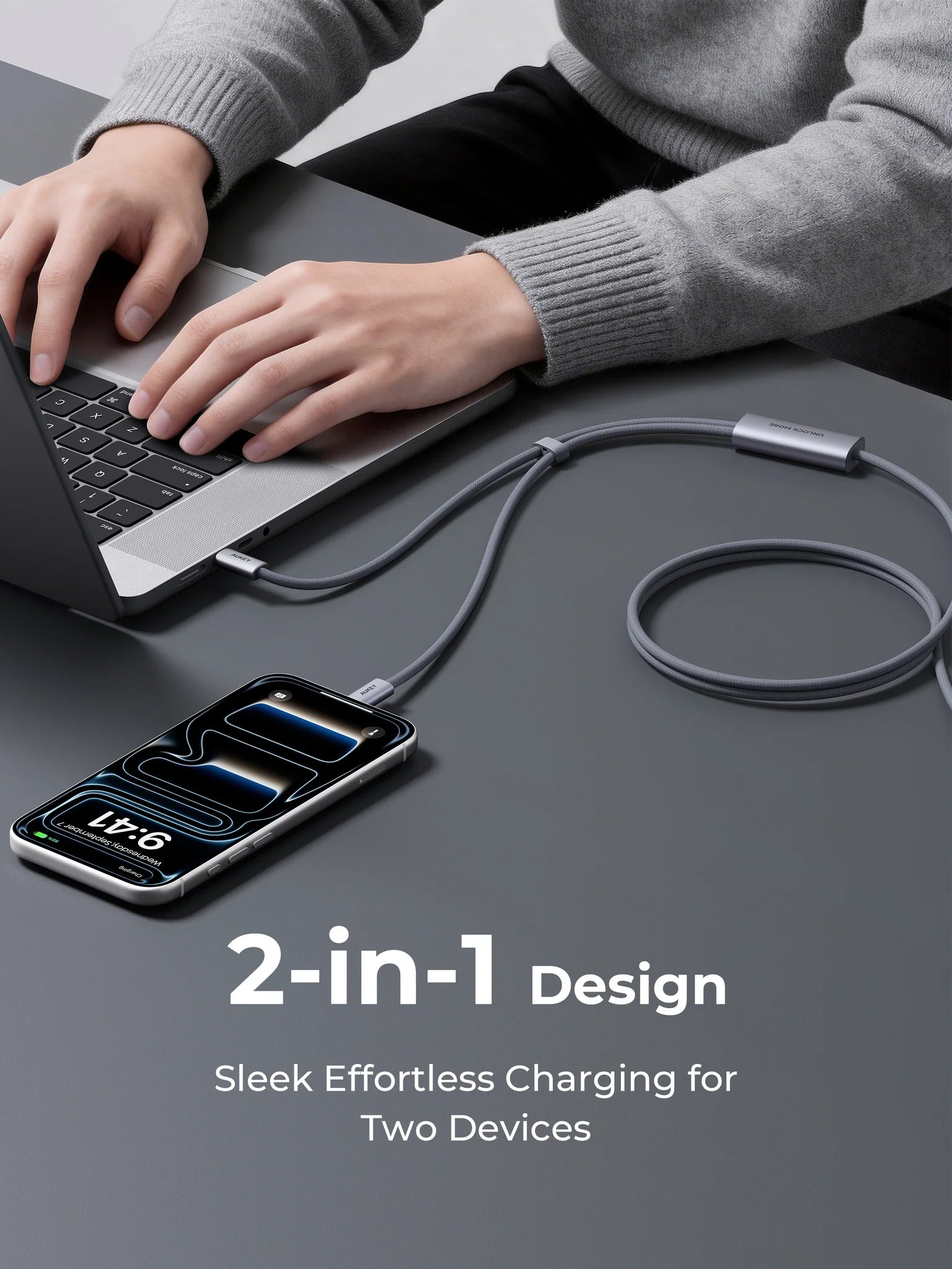 Aukey CB-DCC142 Circlet Blink 140W 2-in-1 DTY Braided USB-C to USB-C Cable – Grey (2M)