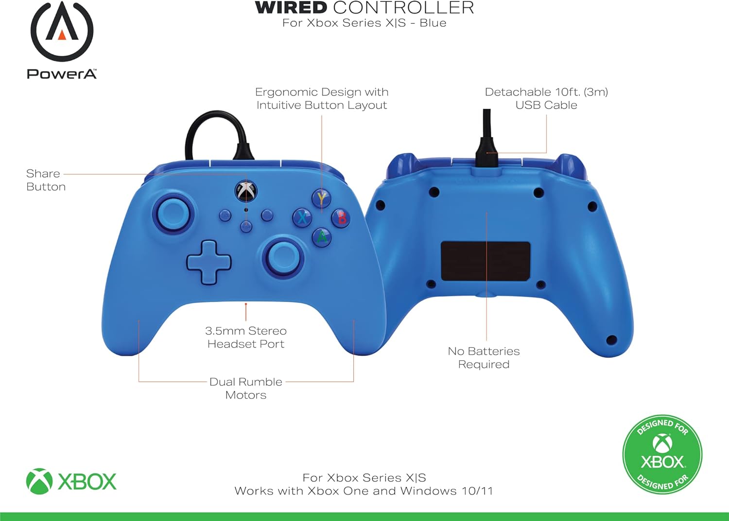 PowerA Wired Controller for Xbox Series X|S – Blue (Officially Licensed)