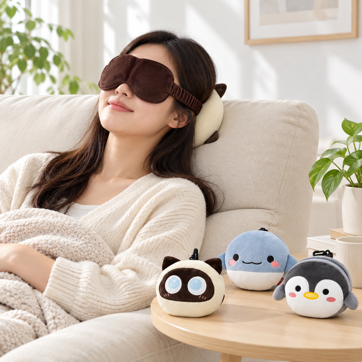  2 In 1 Plush Eye Mask And Head Rest Cushion - Creamy Mocha Cat 