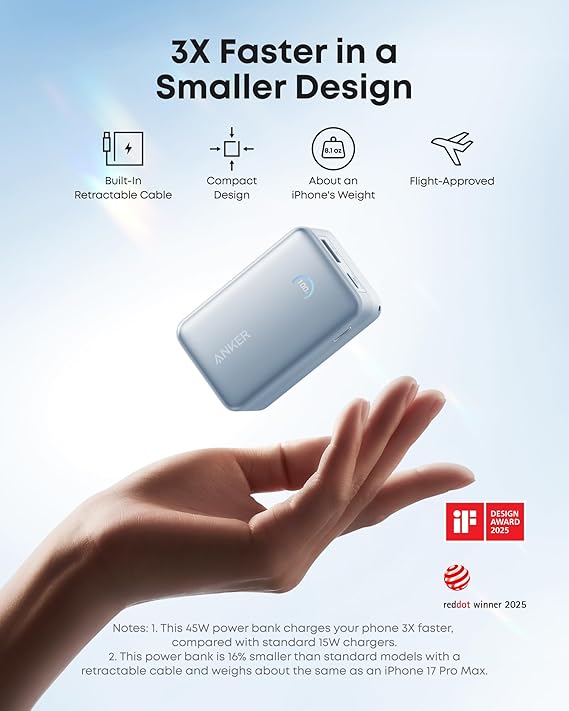 Anker Nano Power Bank, 10,000mAh Portable Charger with 2.3 ft InstaCord Retractable Cable, 45W Max Compact Battery Pack, Smart Display, for iPhone 16/17 Series, iPad, Galaxy, Pixel, and More (Blue)