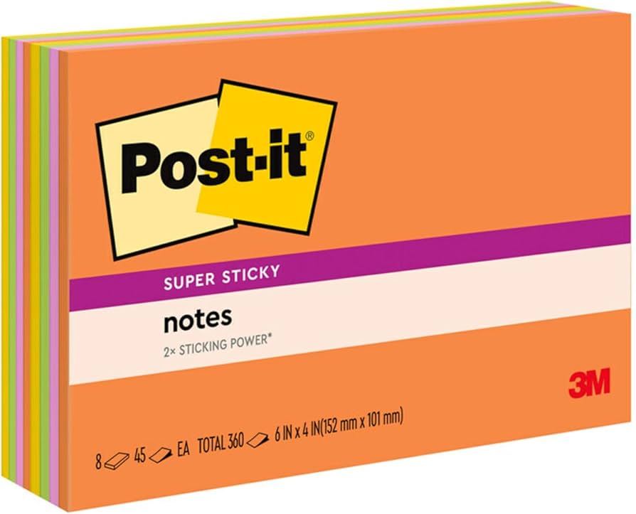 Post-it® 6445-SSP Super Sticky Notes, 6x4", Electric Glow, 8pads