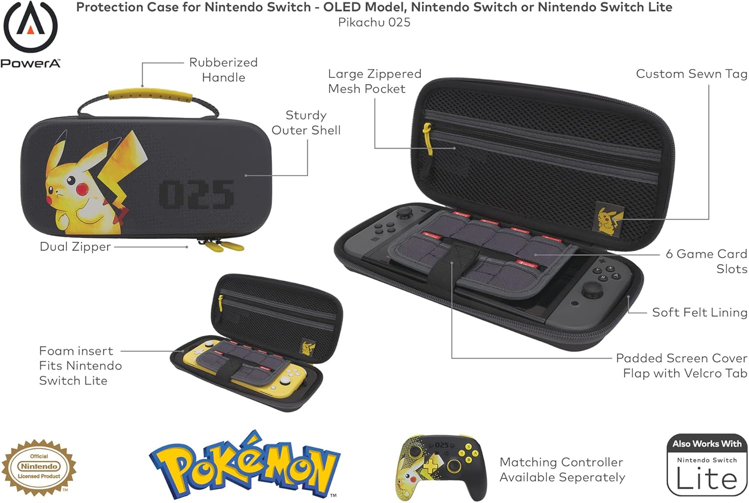 PowerA Protection Case for Nintendo Switch, OLED, Switch Lite - Pikachu 025 (Officially Licensed)