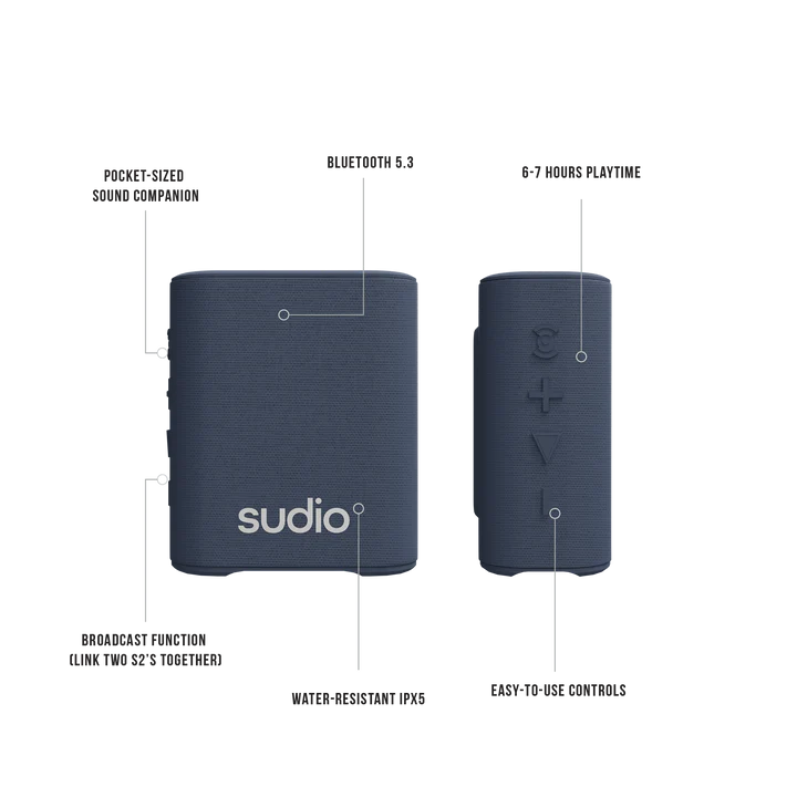 Sudio S2 Bluetooth Speaker With Loud Sound And Deeper Bass Long Playtime Ipx5 Waterproof Bluetooth 5.3 Tws Pairing Portable Wireless Compact Speaker For Home, Outdoor (blue)