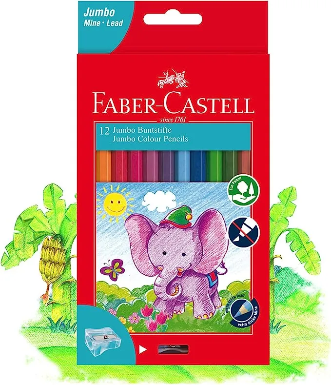 Faber-Castell Jumbo Colour Pencils with Sharpener 6.0mm, 12 Colours Long-111622