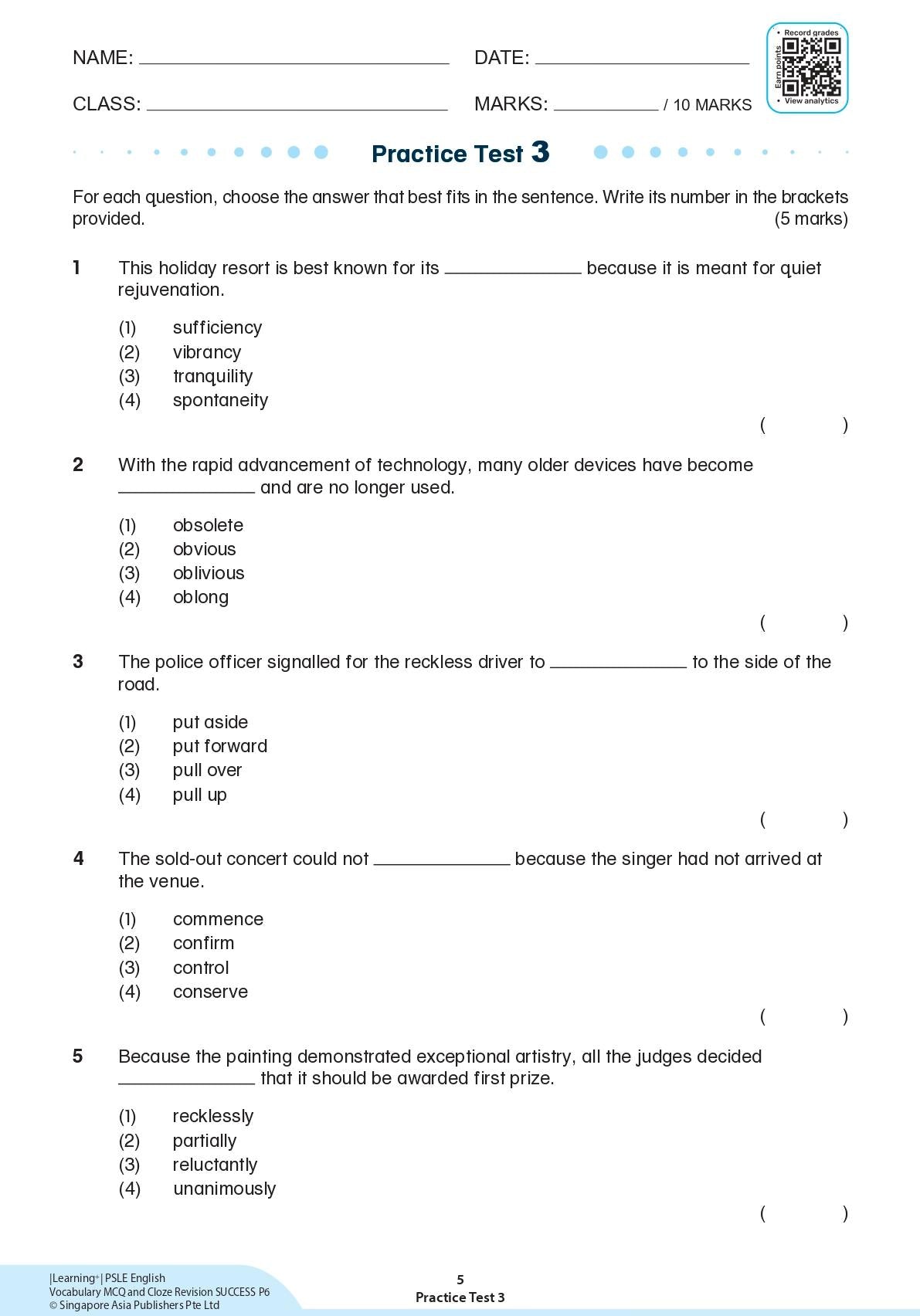 LEARNING+ PSLE ENGLISH VOCABULARY Multiple-choice Questions and CLOZE Revision SUCCESS Primary 6