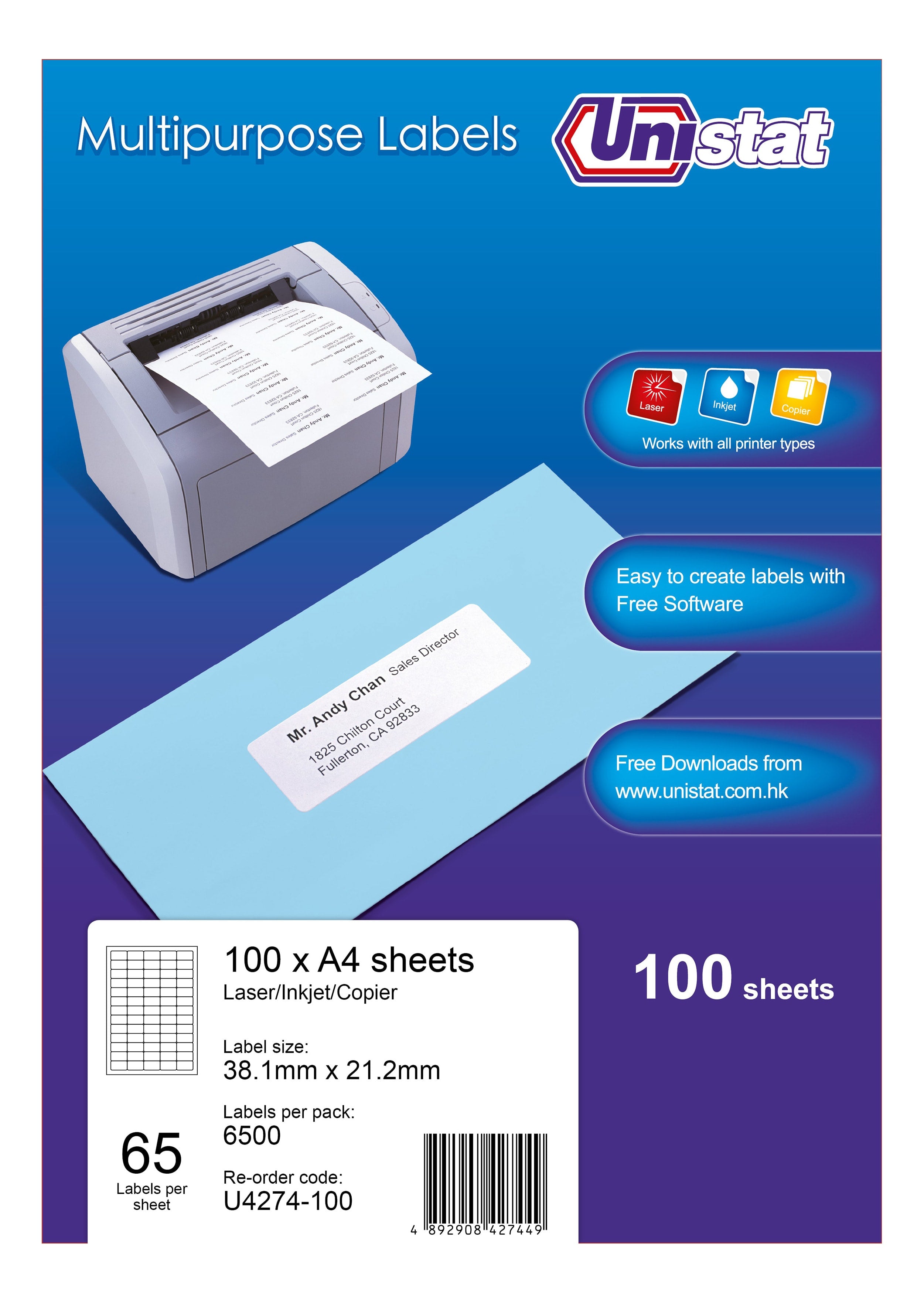 UNISTAT ILC LABEL A4 65/SHT U4274-100