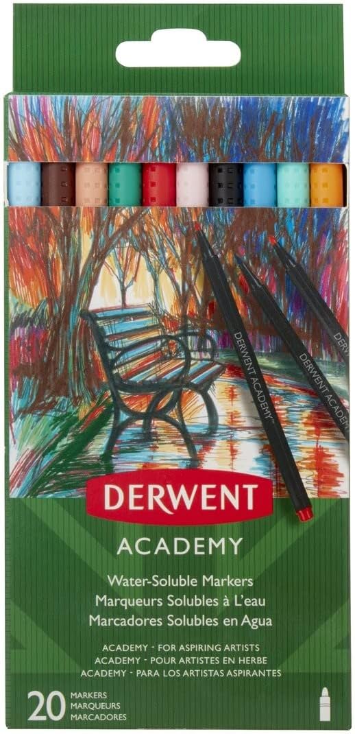 Derwent Markers, Academy, Water-based Markers, Fine Point, Set Of 20 (98202)