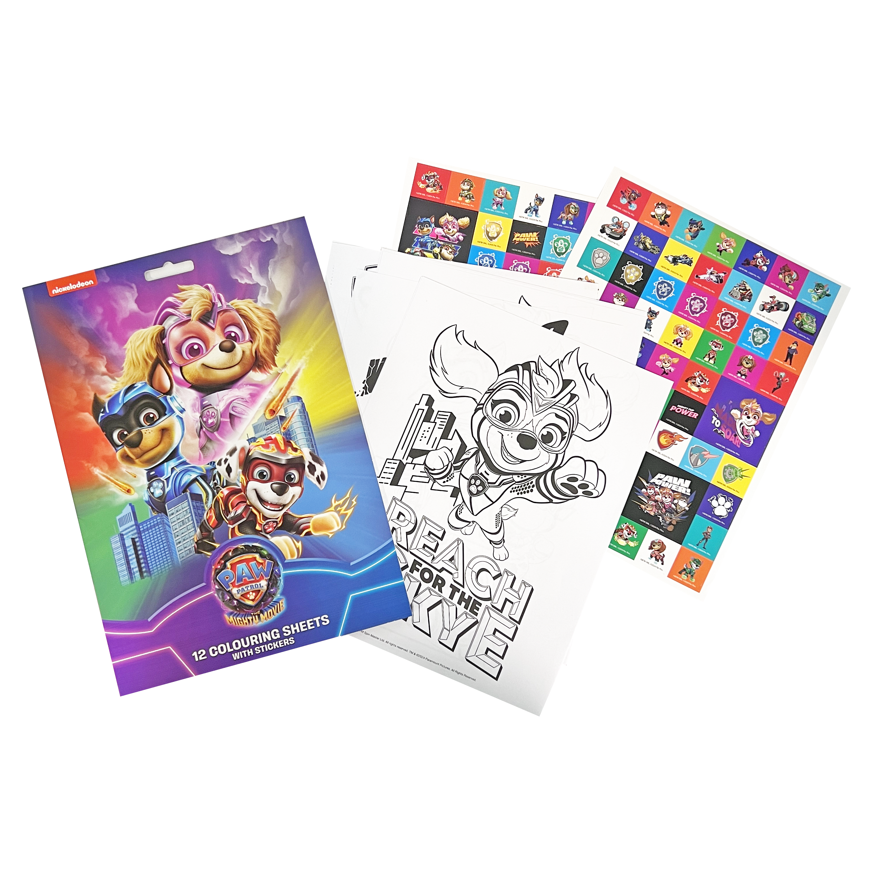PAW PATROL 12 COLOURING SHEETS WITH STICKERS THE MIGHTY MOVIE SEIRES