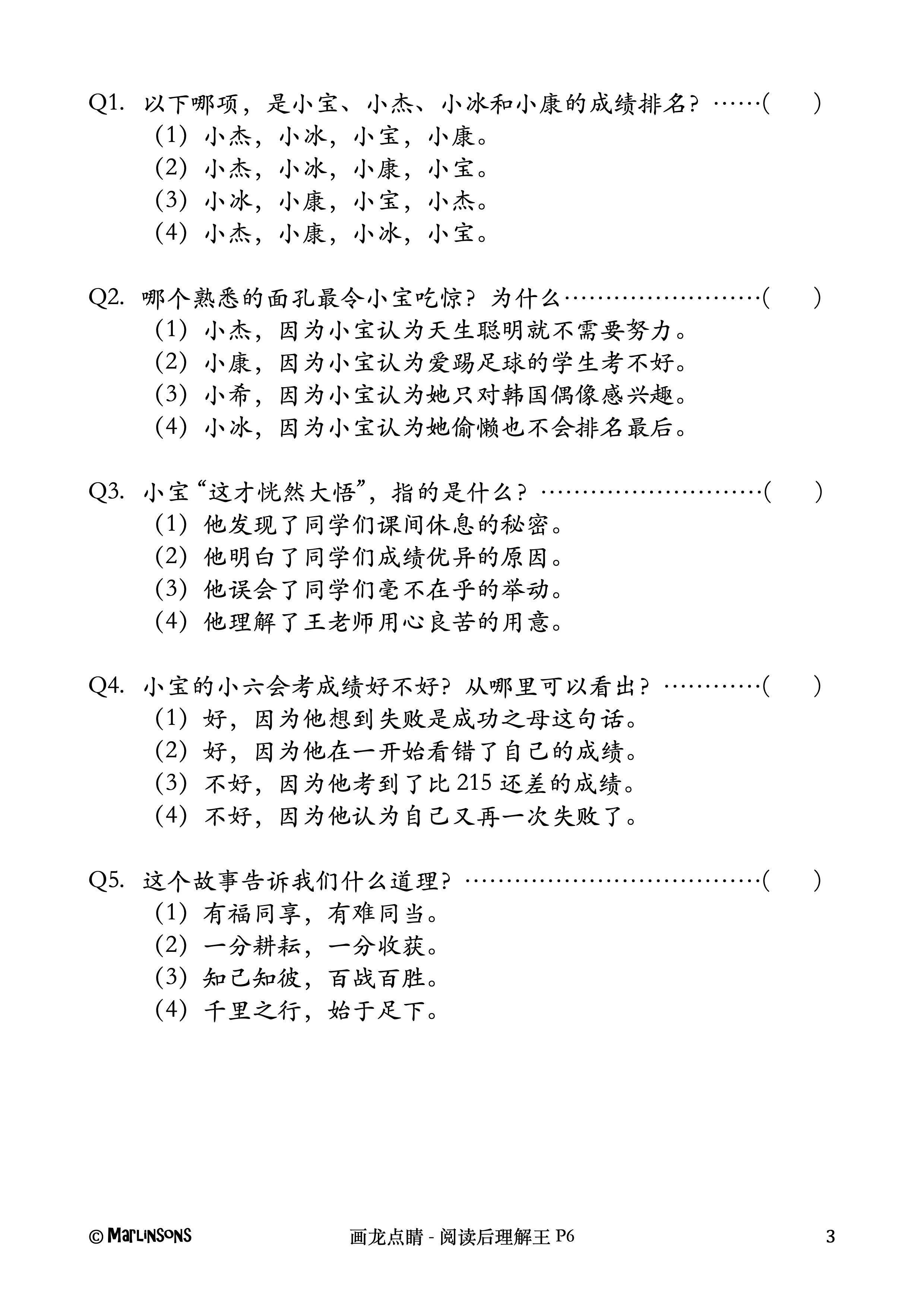 Primary 6 画龙点睛-阅读后理解王