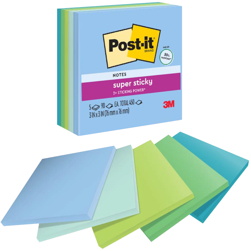 Post-it® 654-5SST Super Sticky Recycled Notes, 3x3"