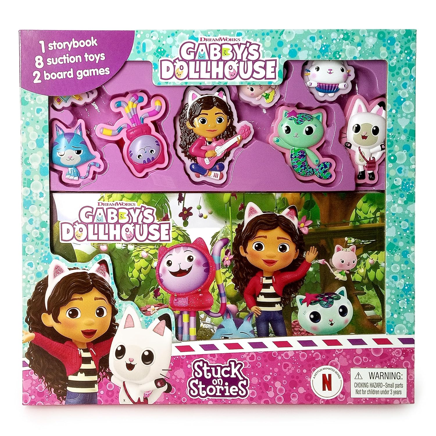Gabby's Dollhouse Stuck on Stories (16-Page Storybook, 8 Toy Suction Cups, 2 Board Games) Board Book – Picture Book