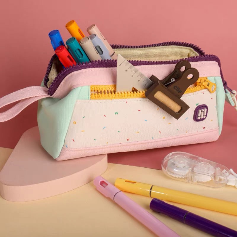 Colour Block Double Zip Pencil Case (Peach Pink)