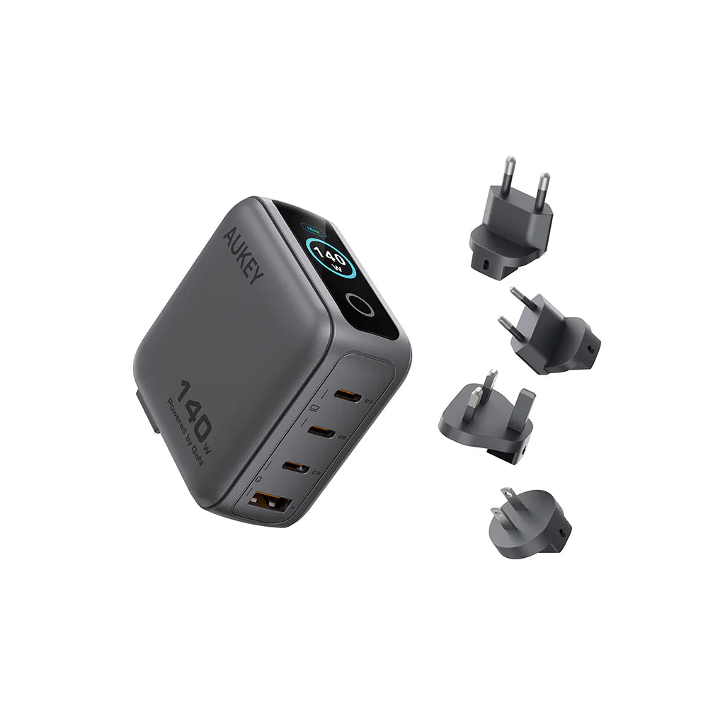 Aukey PA-B10U Nova PinS 140W GaN Wall Charger with Interchangeable Plugs (Grey)