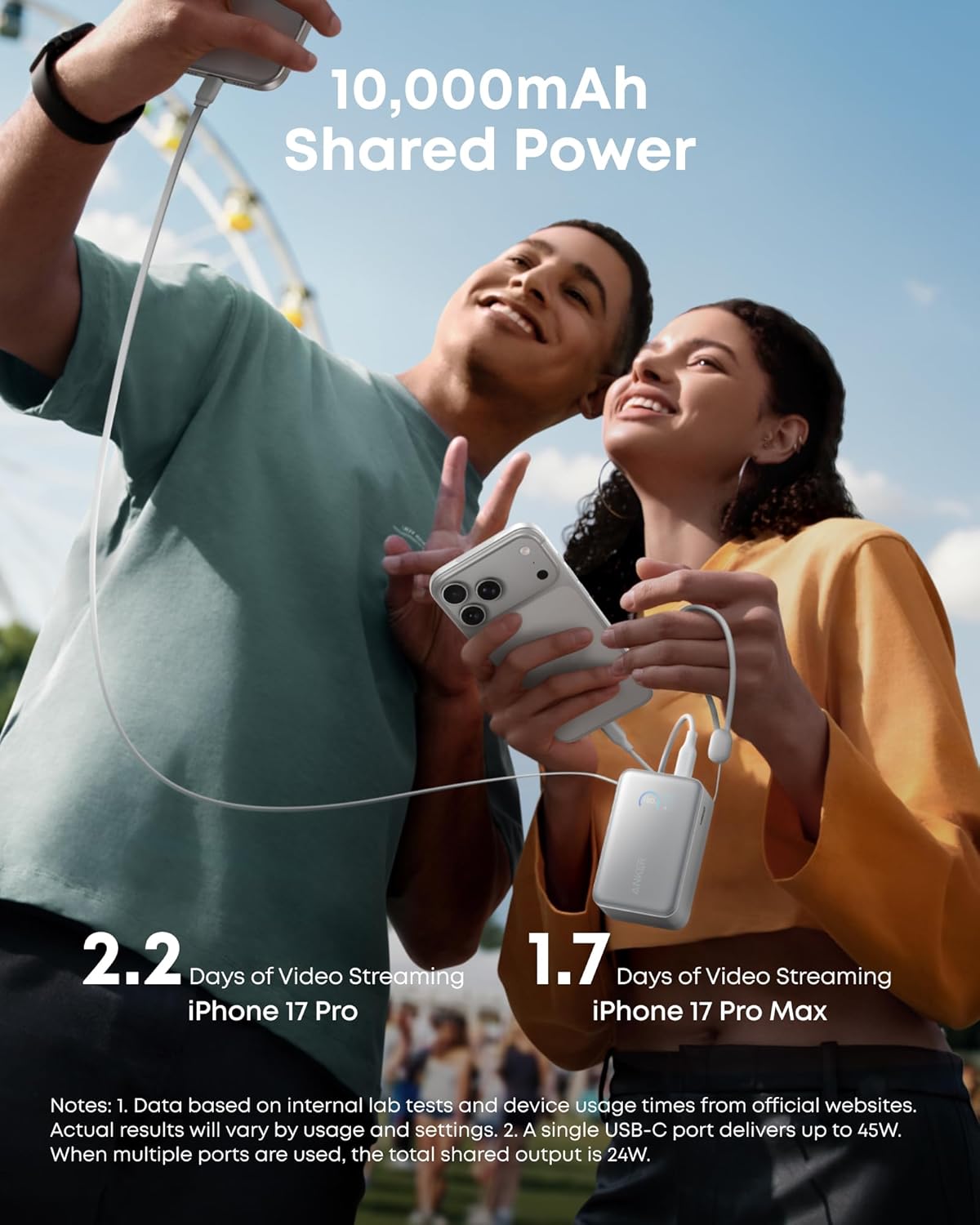 Anker Nano 10K 45W Power Bank with Retractable USB-C Cable - White