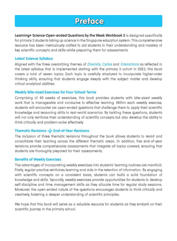 Primary 3 LEARNING+ SCIENCE Open-Ended Questions by the WEEK Workbook 3