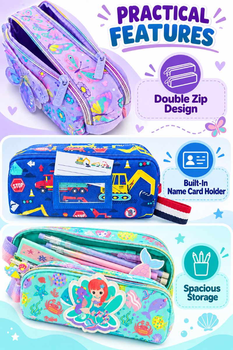Printed Double Zip Pencil Case – 4 Assorted Designs