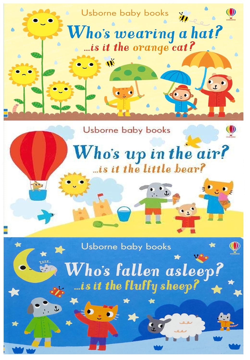 Usborne Baby Books Collection 3 Board Books Set (Who's Wearing a Hat, Who's up in the Air, Who's Fallen Asleep)